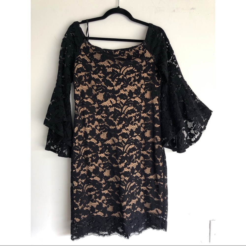 Karen Kane Lacey black dress with nude lining